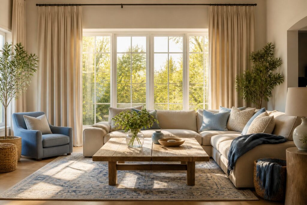 A sunlit living room with large, elegantly draped curtains