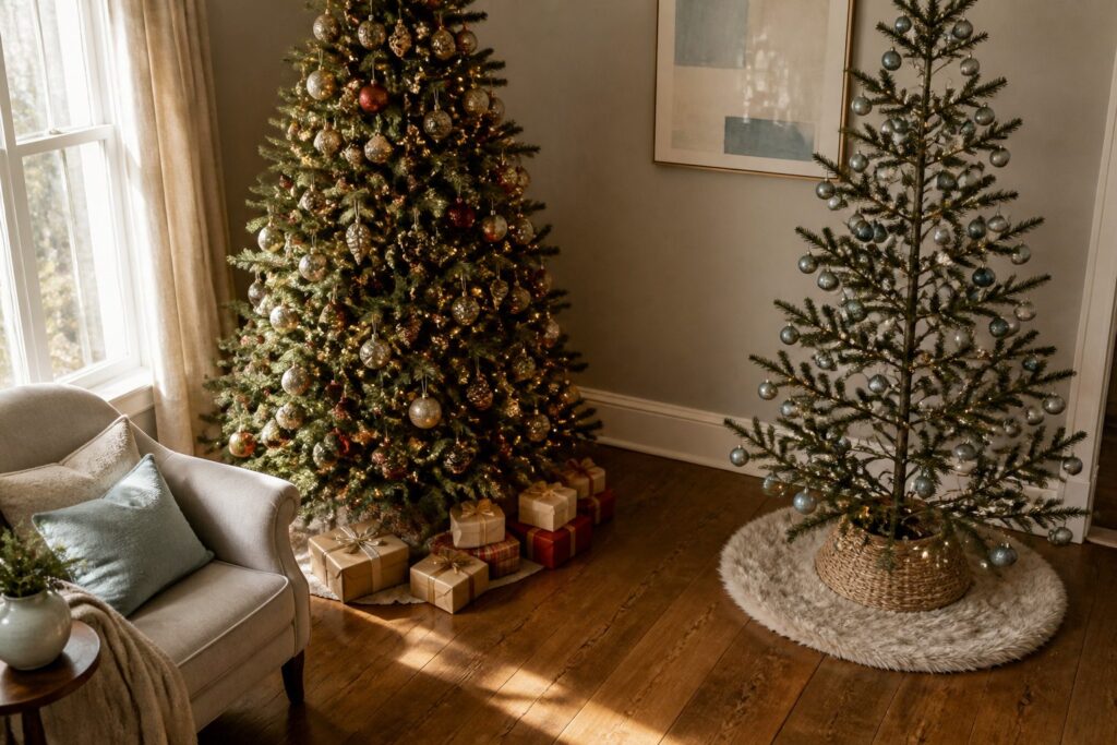 Living room with two Christmas trees, one large and one small, decorated differently.