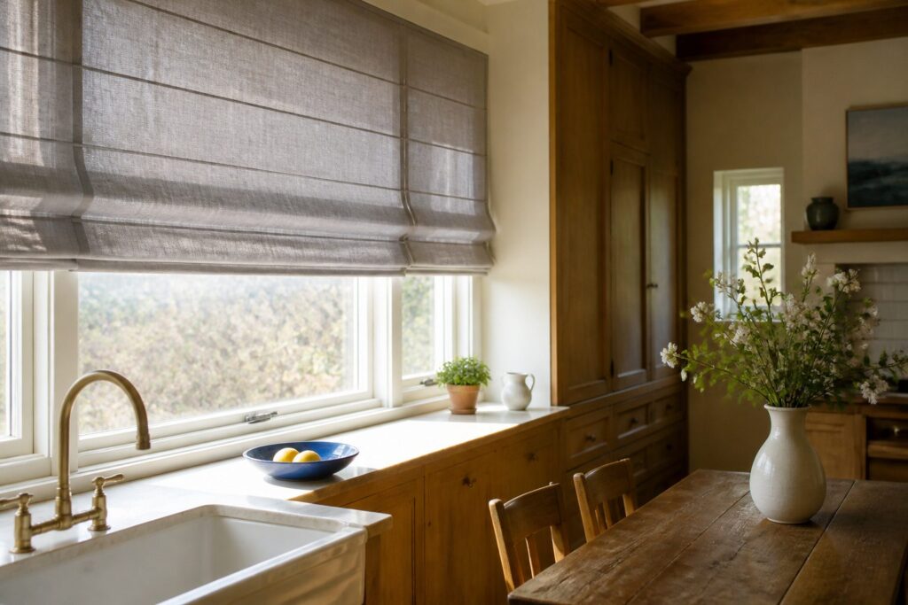 Plain fold roman shades displayed in a contemporary living area.