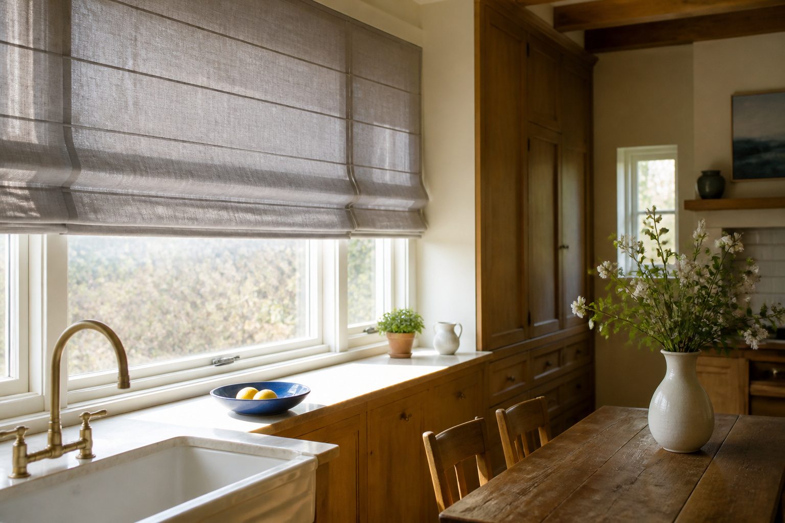 Plain fold roman shades displayed in a contemporary living area.