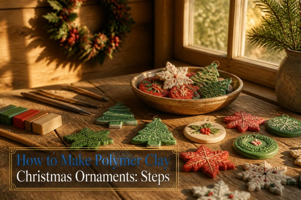 Various materials for making polymer clay Christmas ornaments on a table.