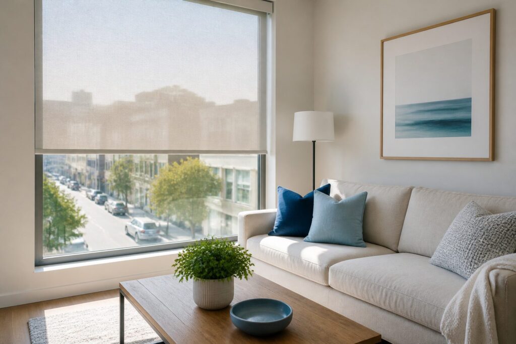Sunlit living room with large window and street view