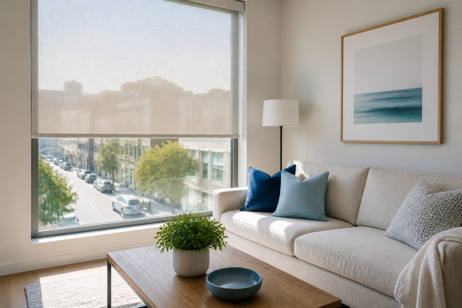 Sunlit living room with large window and street view