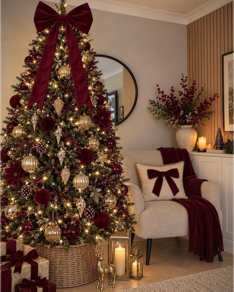 A decorated Christmas tree with gold and burgundy ornaments and a large burgundy bow topper.