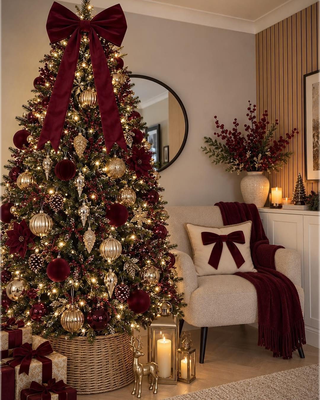 A decorated Christmas tree with gold and burgundy ornaments and a large burgundy bow topper.
