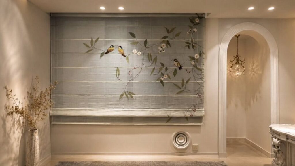 A light grey roman blind featuring a delicate pattern of birds and flowering branches.