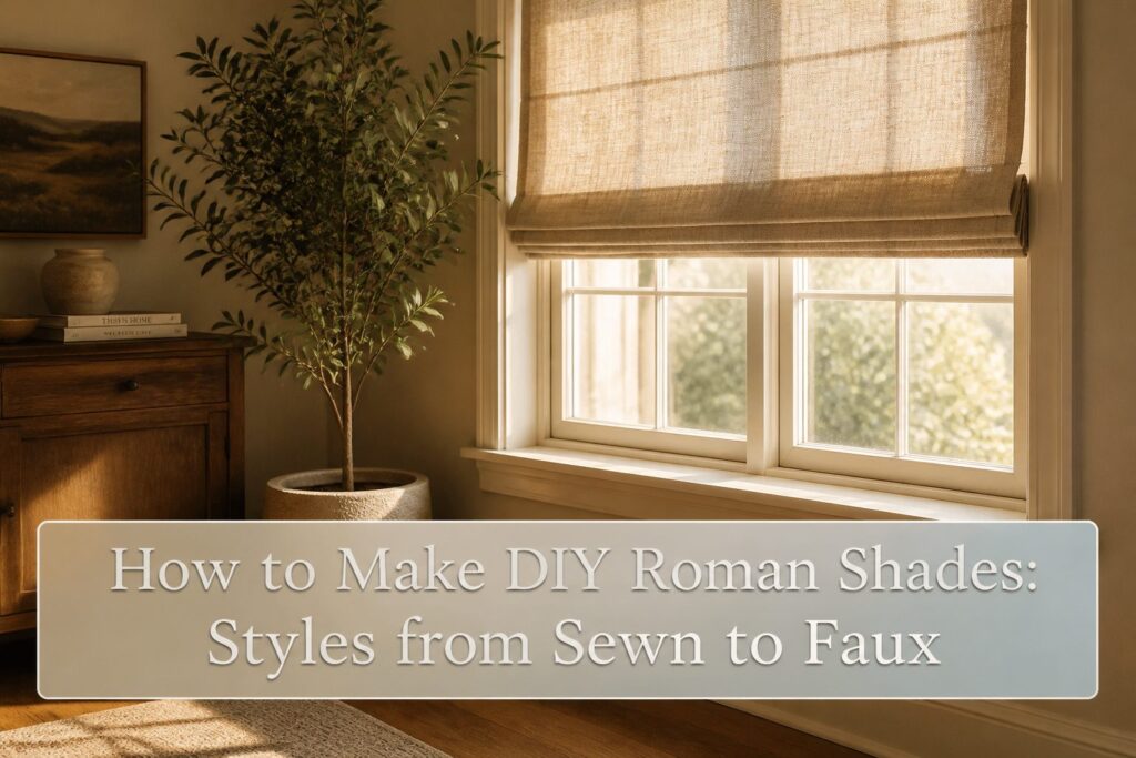 Various styles of Roman shades displayed in a stylish interior.