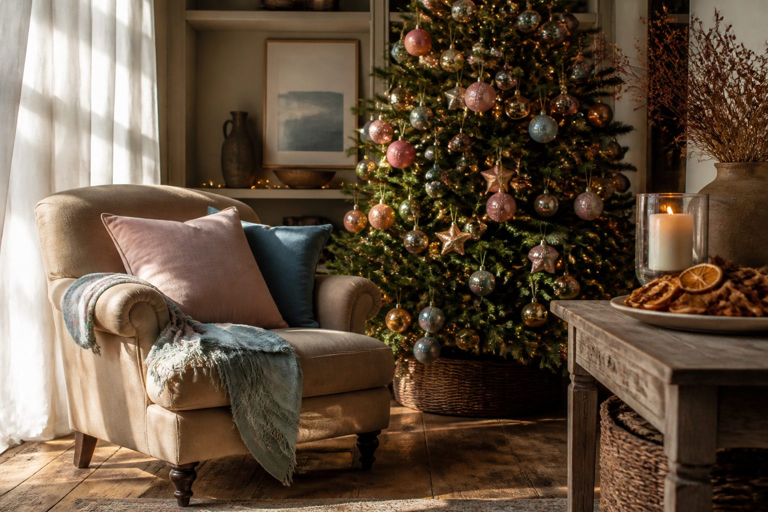 Cozy living room with a Christmas tree and wrapped gifts on a coffee table.