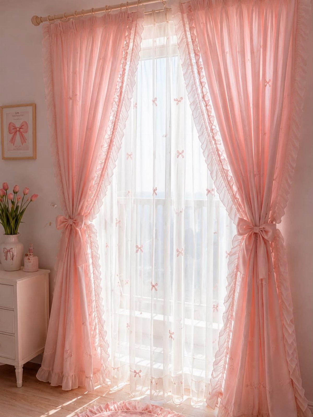 Pink ruffled sheer curtains with bow details hanging over a bright window in a bedroom.