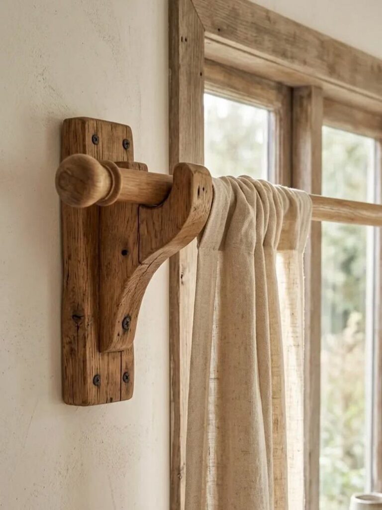 A rustic wooden curtain rod with a large carved bracket holding light linen curtains.